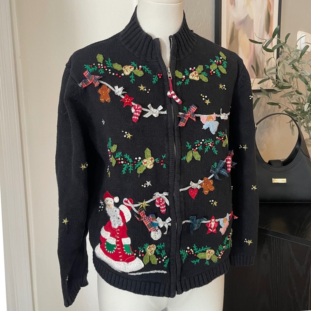 VTG Christmas Grandma Sweater Women PL Black Zip Up Bow Santa Beaded P/L